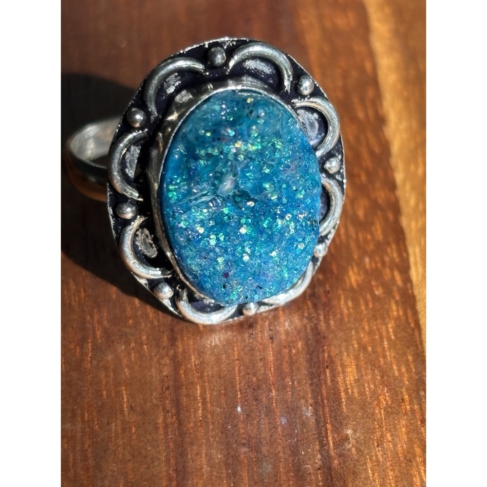 Vintage Sterling Silver Blue Druzy Ring Size 8.25